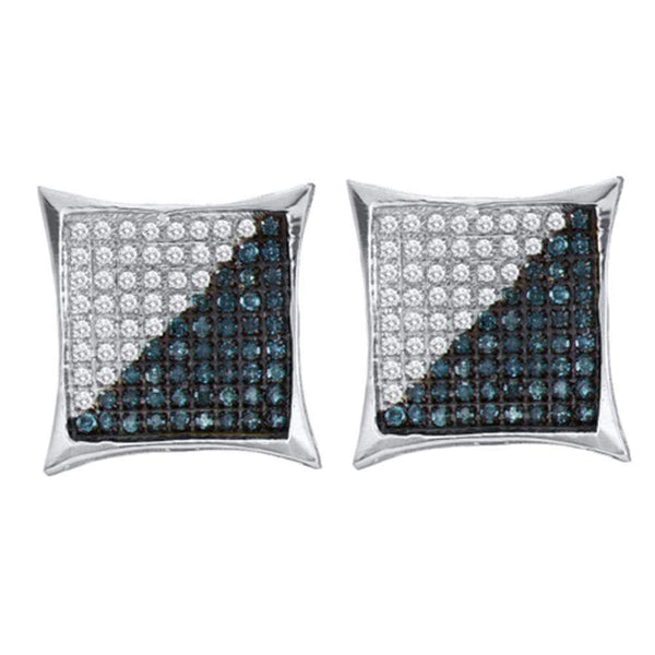 10K White Gold Mens Round Blue Color Enhanced Diamond Square Kite Cluster Earrings 1/10 Cttw - Gold Americas