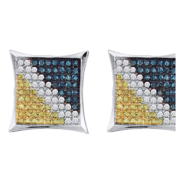 10K White Gold Mens Round Blue Yellow Color Enhanced Diamond Square Kite Earrings 1/20 Cttw - Gold Americas