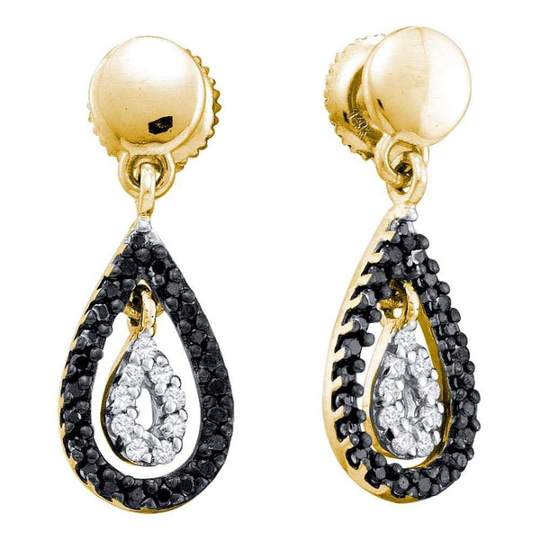 14K Yellow Gold Round Black Color Enhanced Diamond Teardrop Dangle Earrings 1/3 Cttw - Gold Americas