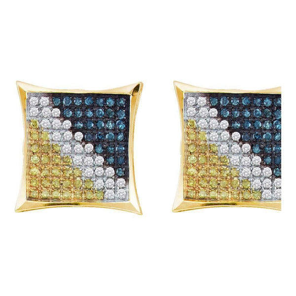 10K Yellow Gold Mens Round Blue Color Enhanced Diamond Square Kite Earrings 1/20 Cttw - Gold Americas
