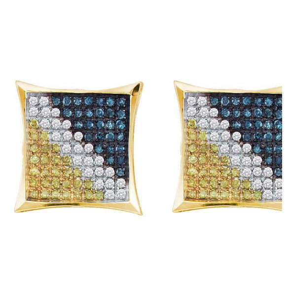 10K Yellow Gold Mens Blue Color Enhanced Diamond Square Cluster Earrings 1/3 Cttw - Gold Americas