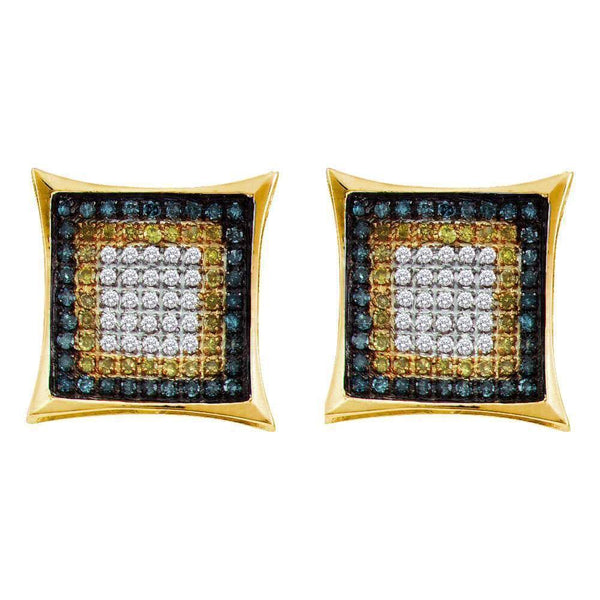 10K Yellow Gold Mens Yellow Blue Color Enhanced Diamond Square Cluster Earrings 1/3 Cttw - Gold Americas