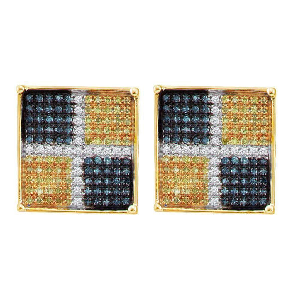 10K Yellow Gold Mens Round Blue Yellow Color Enhanced Diamond Square Cluster Earrings 1/3 Cttw - Gold Americas