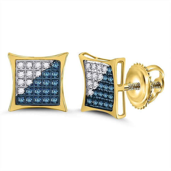 10K Yellow Gold Mens Round Blue Color Enhanced Diamond Square Kite Cluster Earrings 1/6 Cttw - Gold Americas