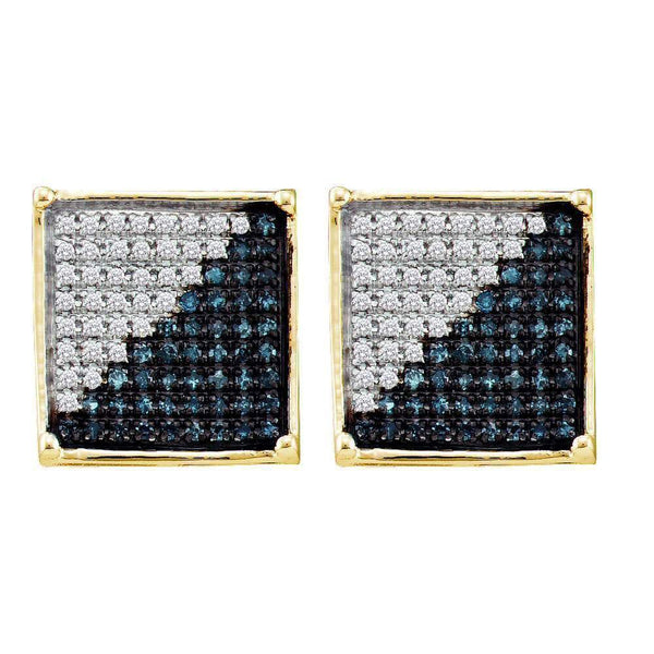 10K Yellow Gold Mens Round Blue Color Enhanced Diamond Square Cluster Earrings 1/6 Cttw - Gold Americas