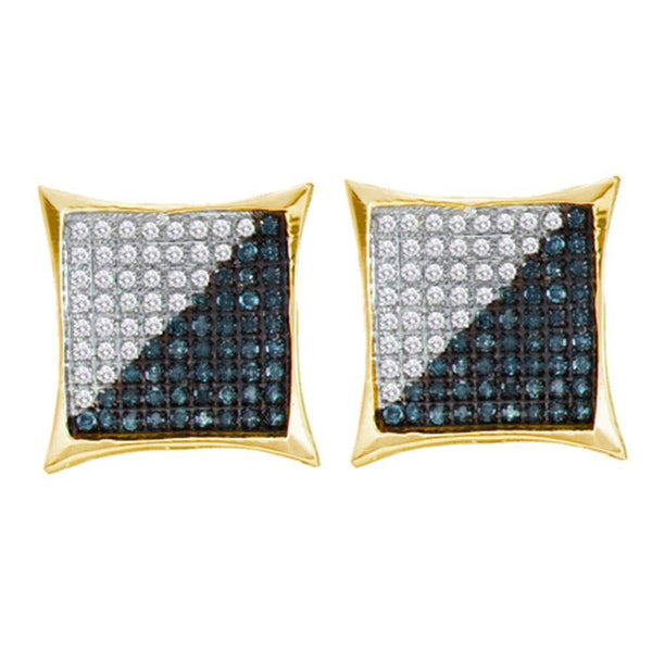 10K Yellow Gold Mens Round Blue Color Enhanced Diamond Square Kite Cluster Earrings 1/10 Cttw - Gold Americas