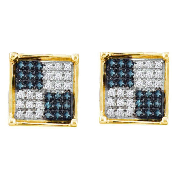 10K Yellow Gold Round Blue Color Enhanced Diamond Square Checkered Cluster Earrings 1/4 Cttw - Gold Americas