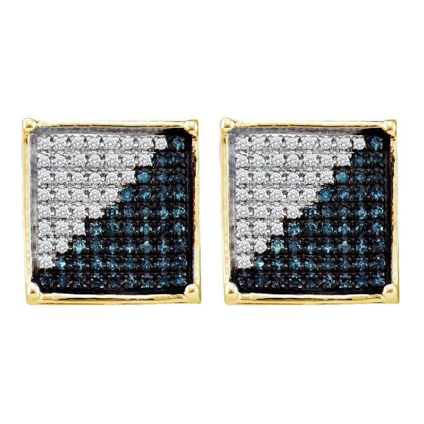10K Yellow Gold Mens Round Blue Color Enhanced Diamond Square Cluster Earrings 1/2 Cttw - Gold Americas