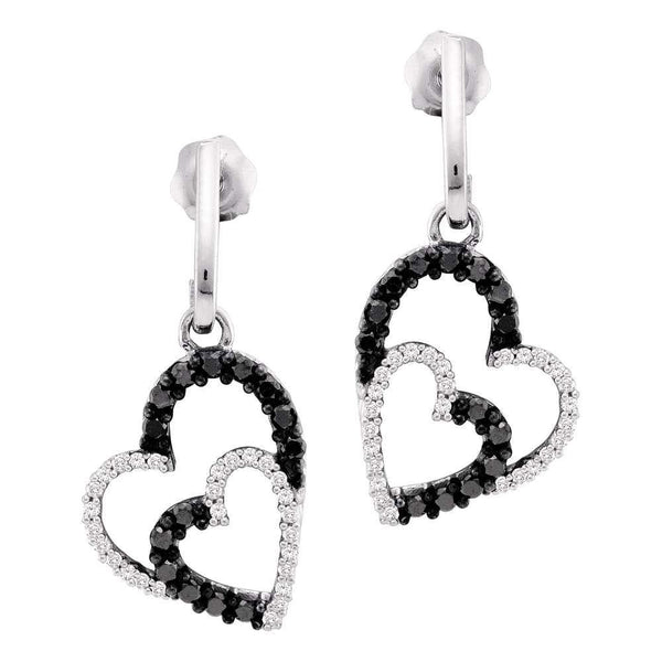 10K White Gold Round Black Color Enhanced Diamond Double Heart Dangle Screwback Earrings 1/2 Cttw - Gold Americas