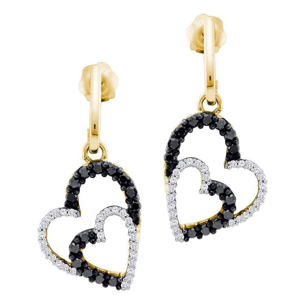 10K Yellow Gold Round Black Color Enhanced Diamond Double Heart Dangle Screwback Earrings 1/2 Cttw - Gold Americas