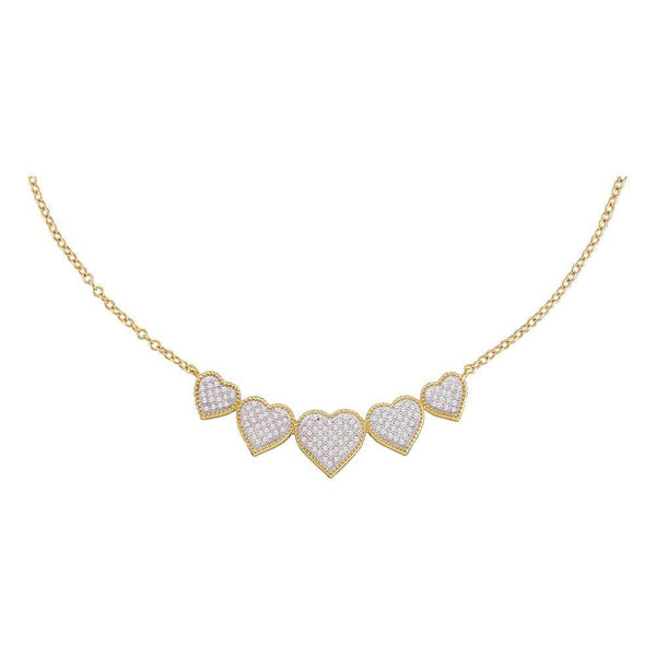 10K Yellow Gold Womens Round Diamond Five Heart Cluster Pendant Necklace 1/3 Cttw