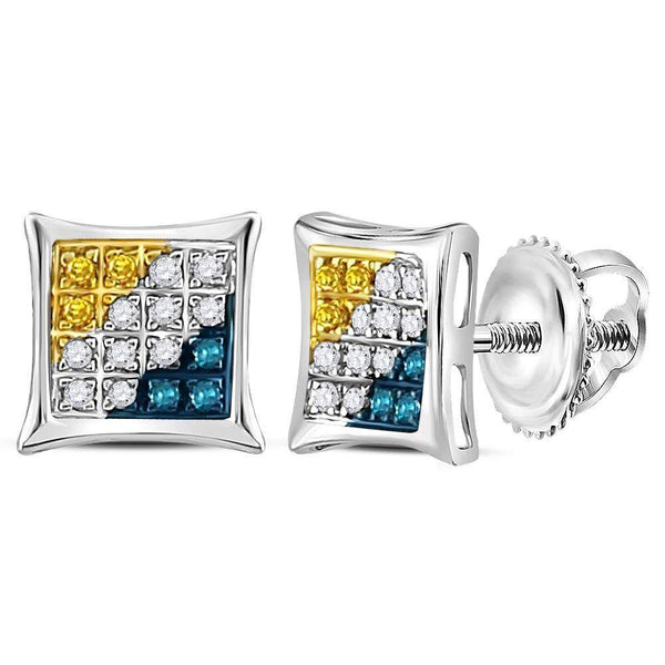 Sterling Silver Round Yellow Blue Color Enhanced Diamond Square Kite Stud Earrings 1/10 Cttw - Gold Americas