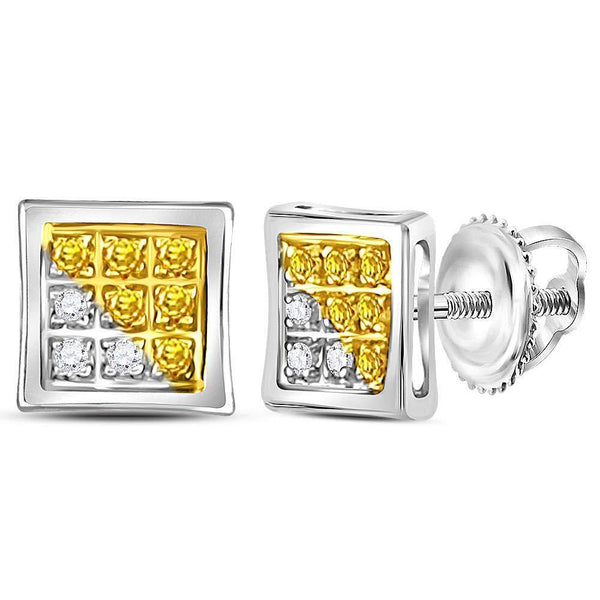 Sterling Silver Mens Round Yellow Color Enhanced Diamond Cluster Earrings 1/20 Cttw - Gold Americas