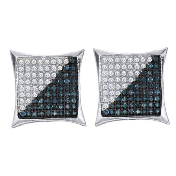 Sterling Silver Mens Round Blue Color Enhanced Diamond Square Cluster Earrings 1/4 Cttw - Gold Americas