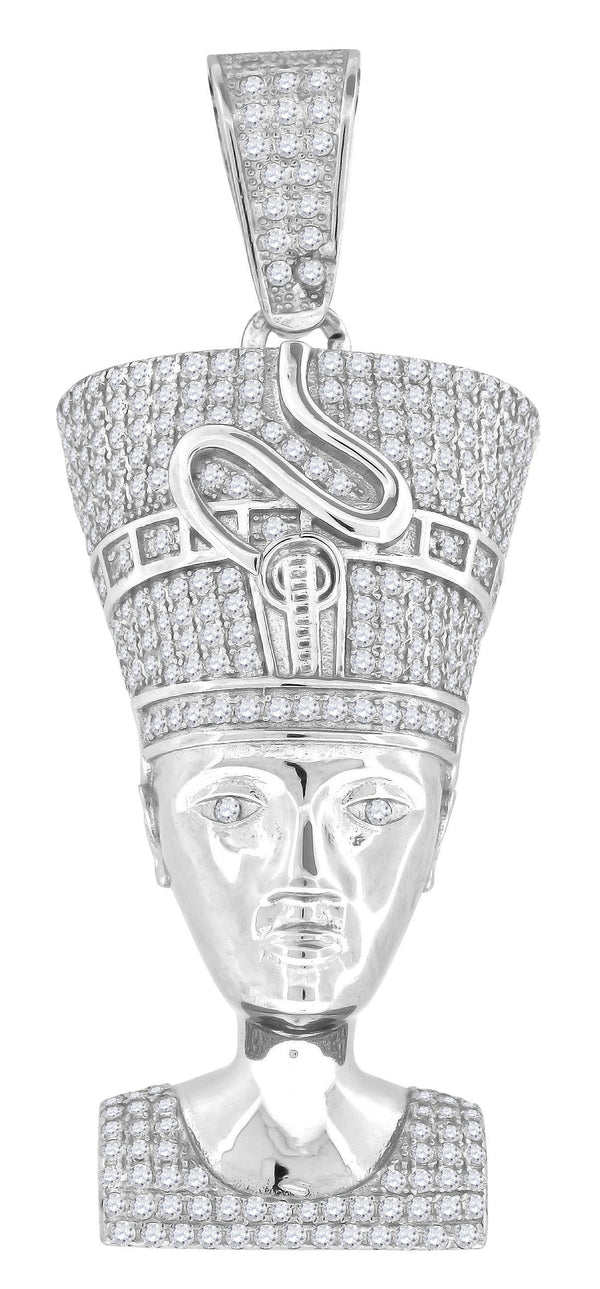 Sterling Silver Mens Round Cubic Zirconia CZ Nefertiti Egyptian Fashion Charm Pendant, Pendants, Silverine, Jawa Jewelers