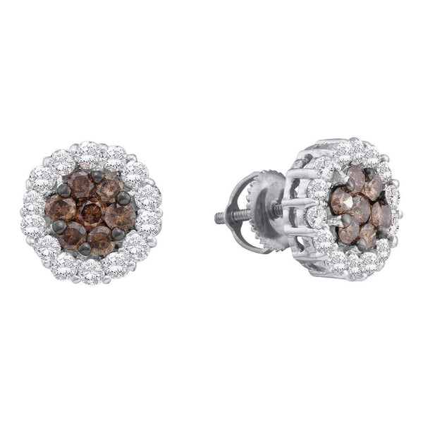 14K White Gold Round Cognac-brown Color Enhanced Diamond Flower Cluster Screwback Earrings 3/4 Cttw - Gold Americas