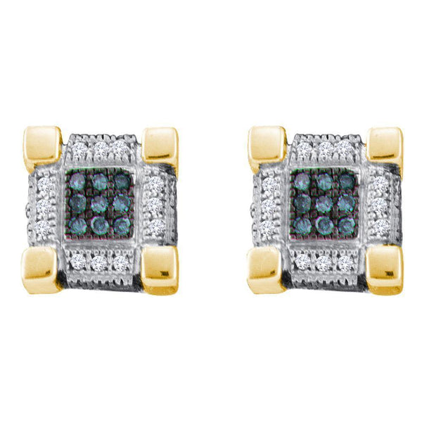 10K Yellow Gold Mens Round Blue Color Enhanced Diamond Cube Square 3D Cluster Earrings 1/4 Cttw - Gold Americas