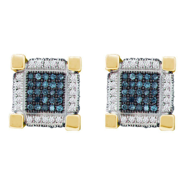 10K Yellow Gold Mens Round Blue Color Enhanced Diamond 3D Cube Square Earrings 3/4 Cttw - Gold Americas