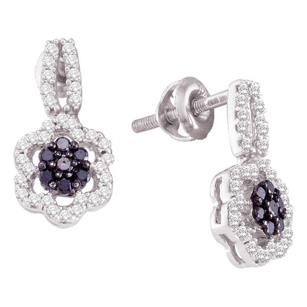 10K White Gold Round Black Color Enhanced Diamond Flower Cluster Dangle Earrings 1/4 Cttw - Gold Americas