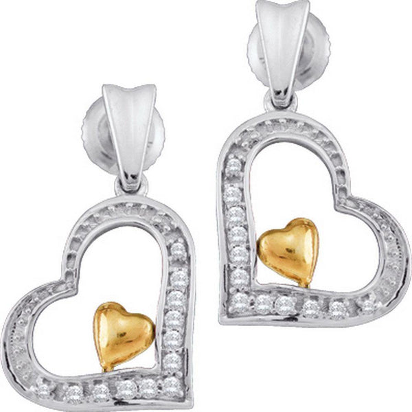 10K White Gold Round Diamond Two-tone Heart Dangle Earrings 1/10 Cttw - Gold Americas