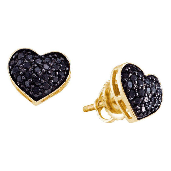 14k Yellow Gold Black Color Enhanced Diamond Pave Cluster Screwback Stud Heart Earrings 3/8 Cttw - Gold Americas