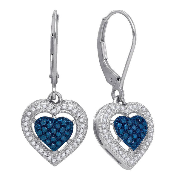 10K White Gold Round Blue Color Enhanced Diamond Heart Dangle Earrings 3/8 Cttw - Gold Americas