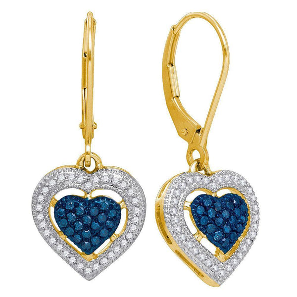 10K Yellow Gold Round Blue Color Enhanced Diamond Heart Dangle Earrings 3/8 Cttw - Gold Americas