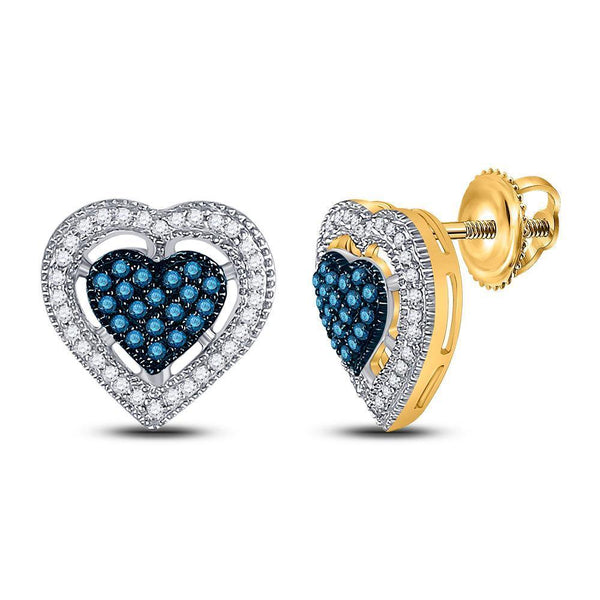 10K Yellow Gold Round Blue Color Enhanced Diamond Heart Screwback Earrings 3/8 Cttw - Gold Americas