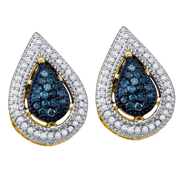 10K Yellow Gold Round Blue Color Enhanced Diamond Teardrop Cluster Earrings 3/8 Cttw - Gold Americas