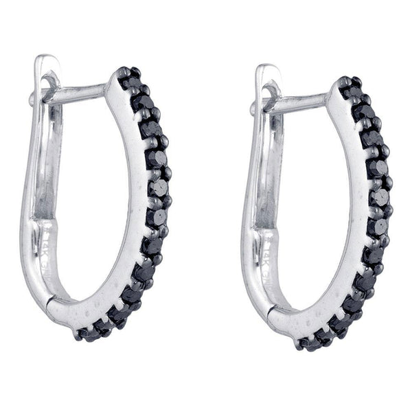 14K White Gold Round Black Color Enhanced Diamond Slender Oblong Hoop Earrings 1/3 Cttw - Gold Americas