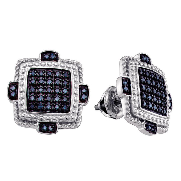 Sterling Silver Mens Round Blue Color Enhanced Diamond Square Earrings 3/8 Cttw - Gold Americas