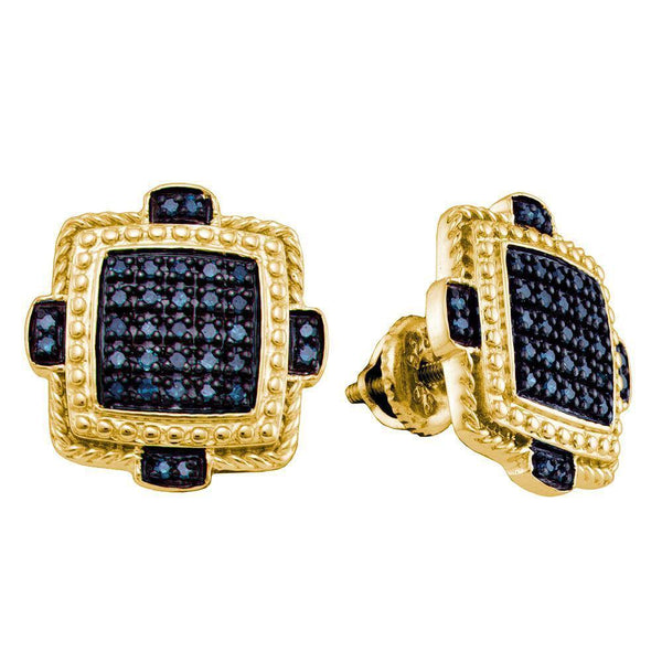 Yellow-tone Sterling Silver Mens Round Blue Color Enhanced Diamond Square Cluster Earrings 3/8 Cttw - Gold Americas