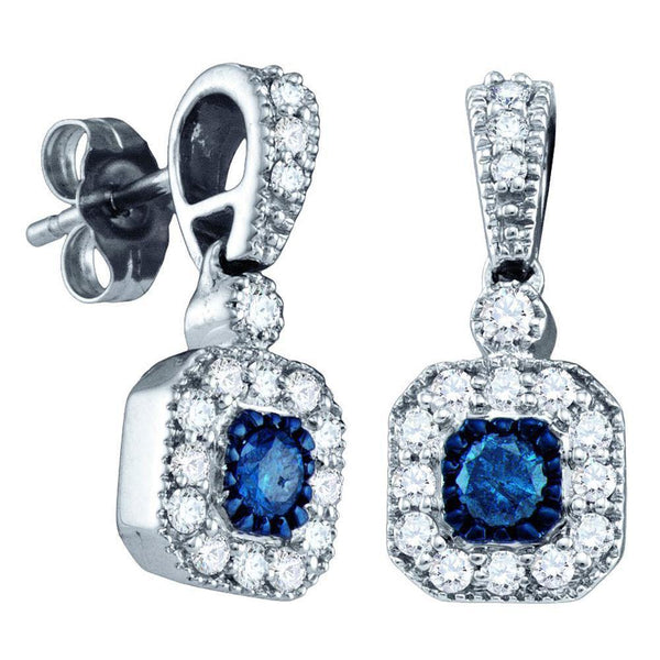 10K White Gold Round Blue Color Enhanced Diamond Square Dangle Screwback Earrings 5/8 Cttw - Gold Americas