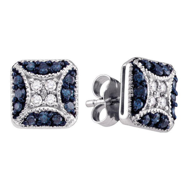 10K White Gold Round Blue Color Enhanced Diamond Square Cluster Earrings 1/2 Cttw - Gold Americas