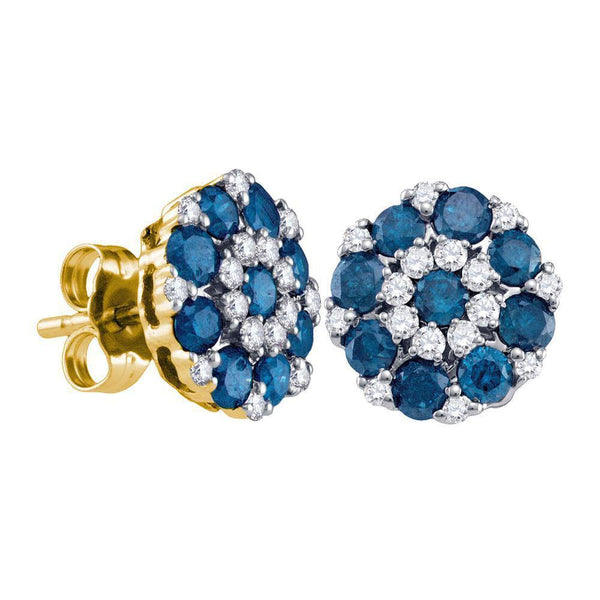 10K Yellow Gold Round Blue Color Enhanced Diamond Flower Cluster Screwback Earrings 1-1/2 Cttw - Gold Americas