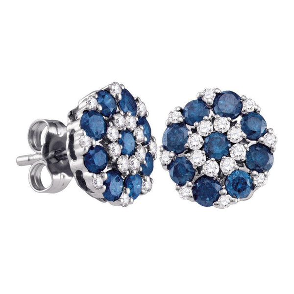 10K White Gold Round Blue Color Enhanced Diamond Flower Cluster Screwback Earrings 1-1/2 Cttw - Gold Americas