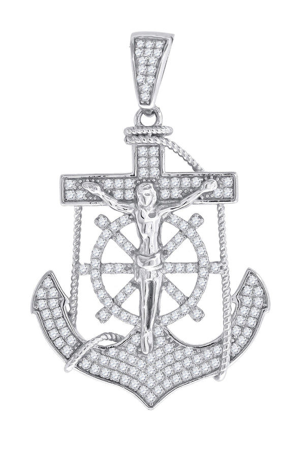 925 Sterling Silver Cubic Zirconia CZ Anchor with Crucifix Religious Pendant Charm, Pendants, JJ-SLV, Jawa Jewelers