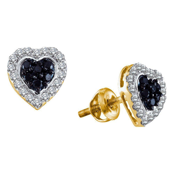 14K Yellow Gold Round Black Color Enhanced Diamond Heart Earrings 1/3 Cttw - Gold Americas