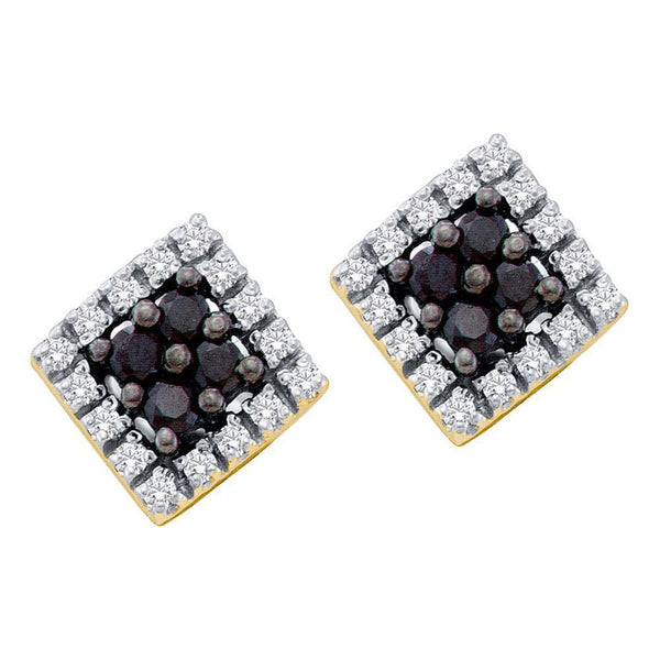 14K Yellow Gold Round Black Color Enhanced Diamond Square Cluster Earrings 1/4 Cttw - Gold Americas