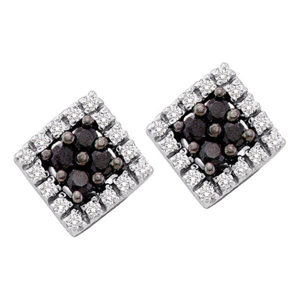 14K White Gold Round Black Color Enhanced Diamond Square Cluster Earrings 1/4 Cttw - Gold Americas