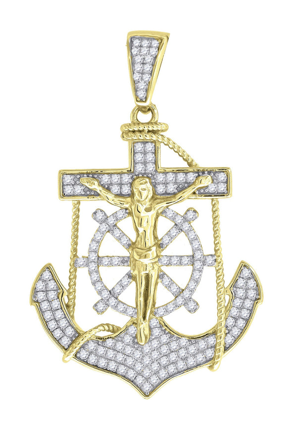 925 Sterling Silver Yellow-tone Cubic Zirconia CZ Anchor with Crucifix Religious Pendant Charm, Pendants, JJ-SLV, Jawa Jewelers