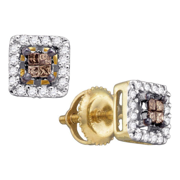 14k Yellow Gold Cognac-brown Color Enhanced Princess Diamond Stud Square Screwback Earrings 1/3 Cttw - Gold Americas