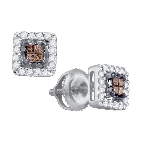 14k White Gold Cognac-brown Color Enhanced Princess Diamond Stud Square Screwback Earrings 1/3 Cttw - Gold Americas