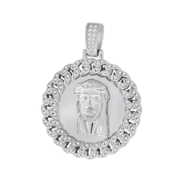 Sterling Silver Mens Round Cubic Zirconia CZ Circle Shape Jesus Face Religious Cuban Link Around Fashion Pendant, Pendants, Silverine, Jawa Jewelers