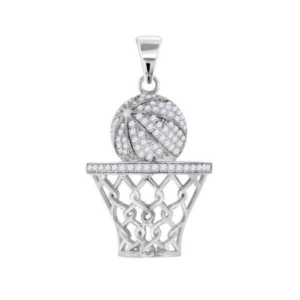 Sterling Silver Mens Round Cubic Zirconia CZ Basket Ball Sports Fashion Charm Pendant, Pendants, Silverine, Jawa Jewelers