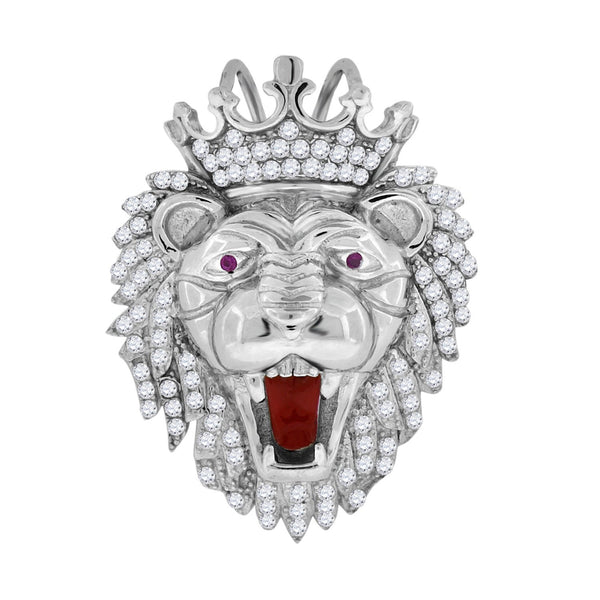 Sterling Silver Mens Round Cubic Zirconia CZ Animal Lion King Face Fashion Charm Pendant, Pendants, Silverine, Jawa Jewelers