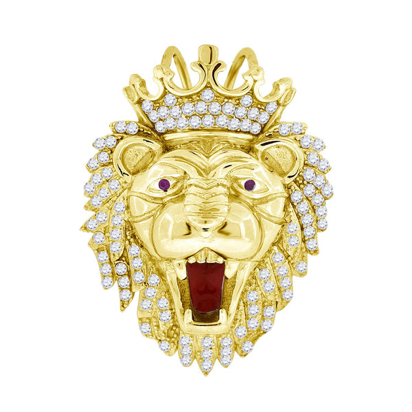 Yellow-tone Sterling Silver Mens Round Cubic Zirconia CZ Animal Lion King Face Fashion Charm Pendant, Pendants, Silverine, Jawa Jewelers