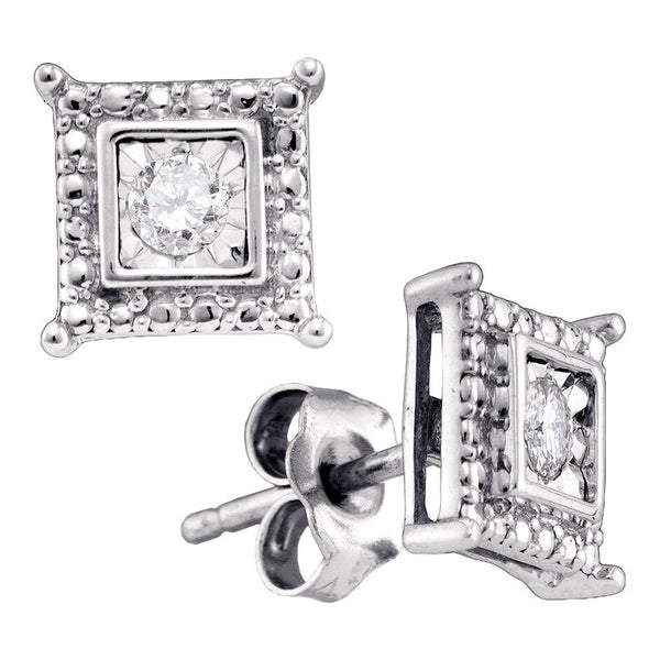 Sterling Silver Round Diamond Solitaire Square Stud Earrings 1/20 Cttw