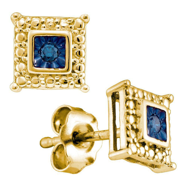 Yellow-tone Sterling Silver Round Blue Color Enhanced Diamond Solitaire Earrings 1/20 Cttw