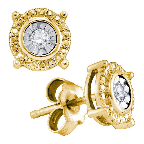 Yellow-tone Sterling Silver Round Diamond Solitaire Circle Frame Stud Earrings 1/10 Cttw